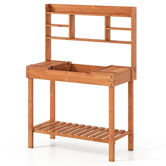 Wooden Potting Bench Table 61" Garden Planting Workstation With 3 Tier Open Shelf