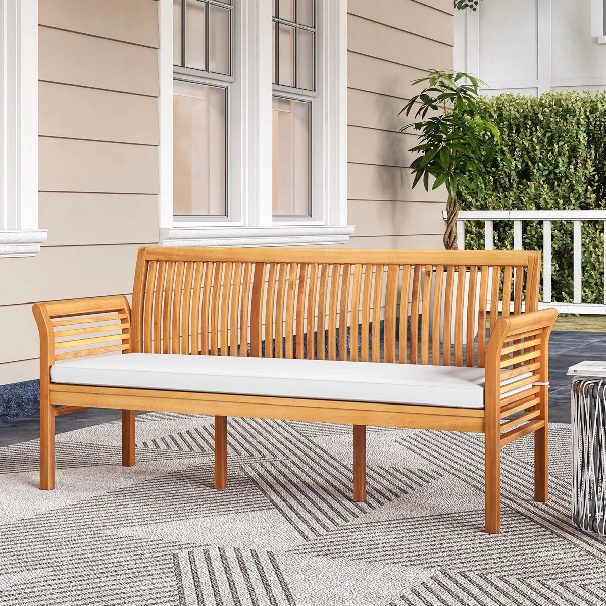 Bench 62.5" Acacia Wood Patio Sofa With Curved Armrests And Removable Seat Cushion